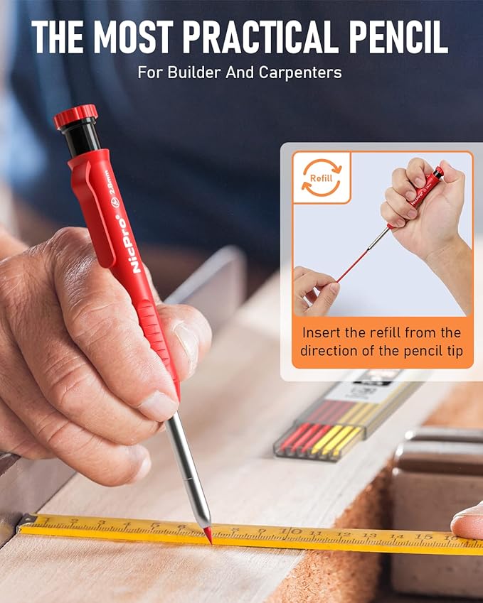 Nicpro 3 Pack CP1000 Carpenter Pencils with Sharpener, Mechanical Carpenter Pencil with 39 Refills, Deep Hole Long Nib Marker Pens for Construction, Heavy Duty Woodworking Pencil for Architect Marking