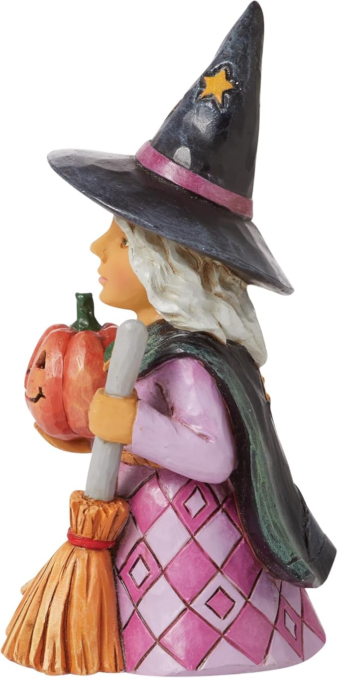 Enesco Jim Shore Heartwood Creek Halloween Collection Witch Holding a Pumpkin Miniature Figurine- Stone Resin Hand Painted Crafted Collectible Halloween Mini Figurines Home Decor Statue, 3.94 Inch