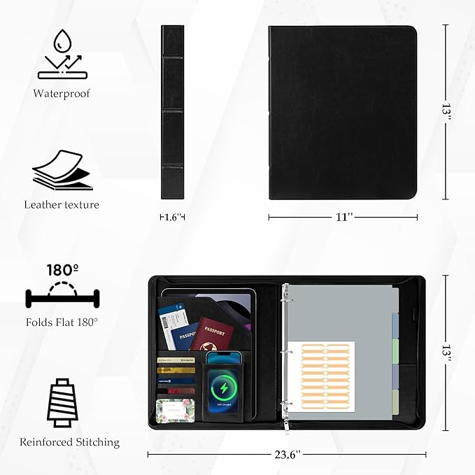EYROZILL Zipper Portfolio Binder, 3 Ring Leather Binders 1-Inch Capacity for 8.5x11, with Document Pockets, Card Slots & Phone Holder (Black)