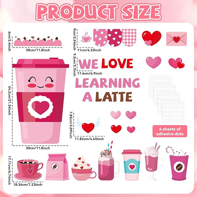 Valentine's Day Coffee Bulletin Board Set Valentines Coffee Cup Classroom Decorations Pink Red Heart Paper Cutouts Valentine's Day Bulletin Board for School Classroom Office Wall Door Decor Supplies