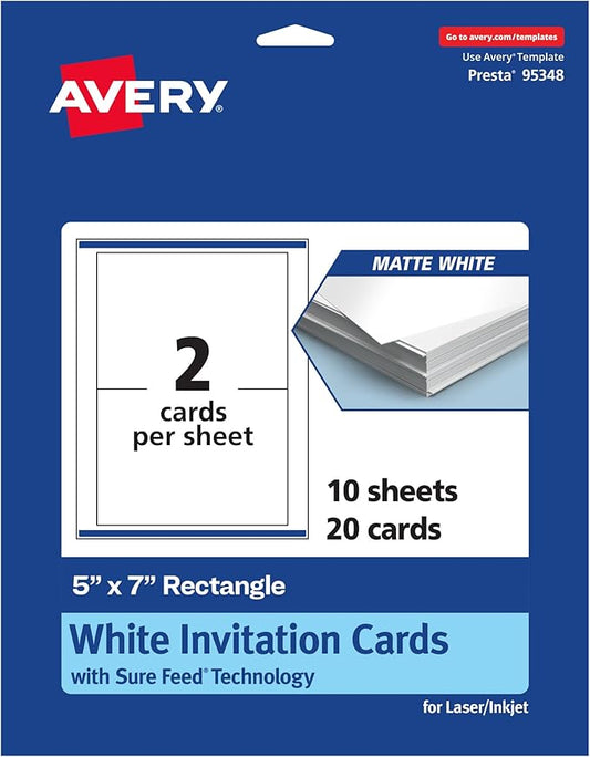 Avery Printable Rectangle Cards, Sure Feed Technology, 5" x 7", Matte White Cardstock, Laser/Inkjet Printable, 20 Total, Great for Invitations and Thank You Messages