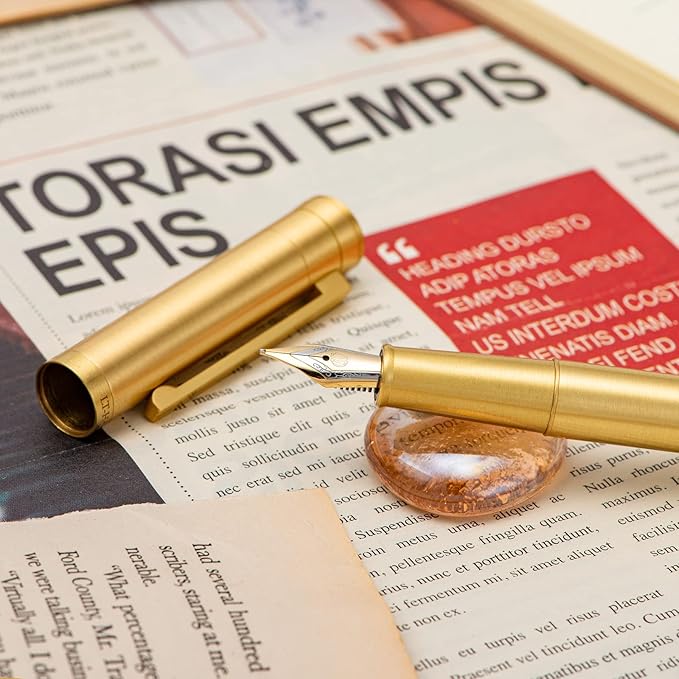 Hongdian Raw Brass Fountain Pen Extra Fine Nib Classic Design Smooth Writing Copper Pen with Converter and Pen Case Set