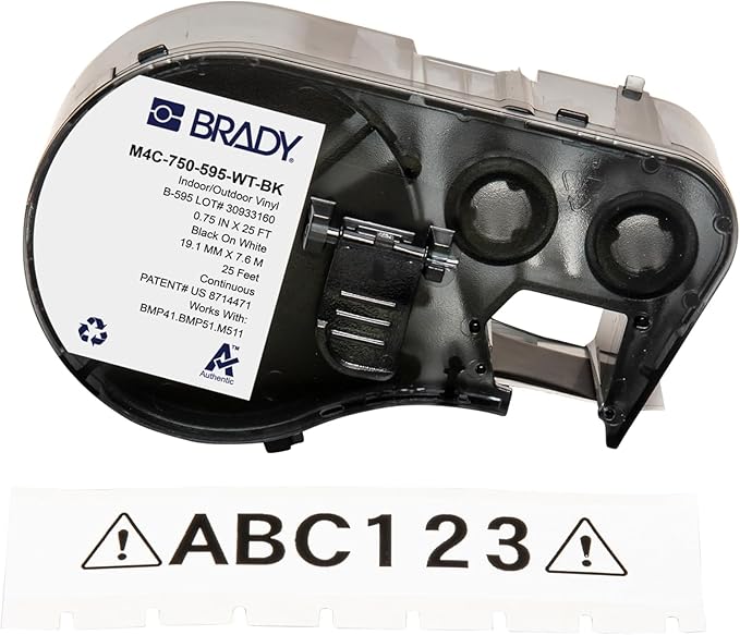 Brady Authentic (M4C-750-595-WT-BK) All-Weather Vinyl Labels 0.75 in W x 25ft Black on White. for use with BMP41, BMP51, M410, M510, and M511 Label Printers.