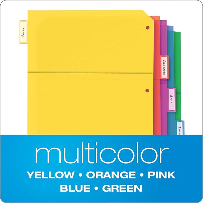 Oxford Plastic 2 Pocket Binder Dividers, 5 Tab 1/5 Cut, Multicolor Large Tab Set, Insertable Dividers with Paper Inserts, Letter Size, 3 Sets (89602) (Pack of 8)