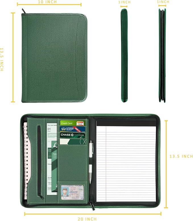 Zippered Portfolio Organizer/ A4 Refillable Lined Writing Notepad Folder Case/Fabric-Covered Padfolio Binder with Interior Storage Pocket for Men Women.Green