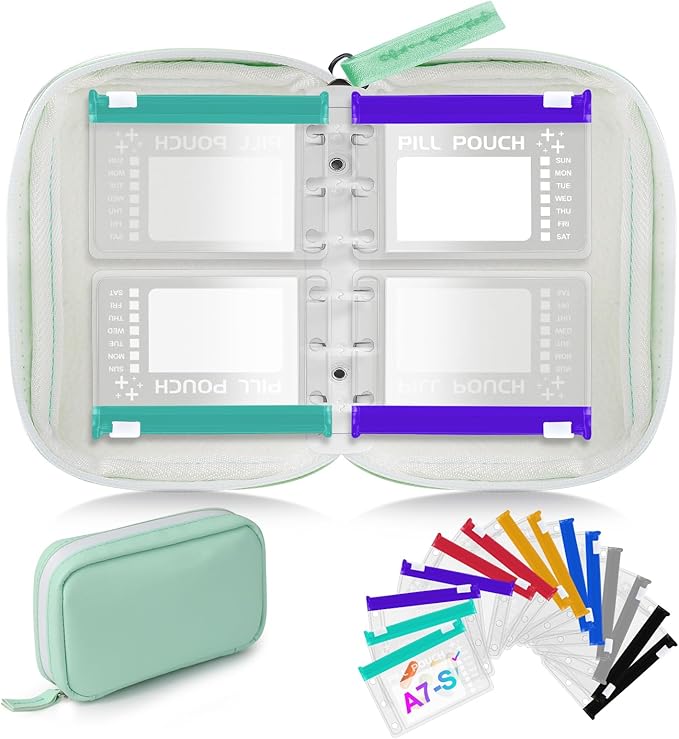 A7 Waterproof Pill Organizer with 14 S Zippered Pill Pouches for A7 Binder, Small BPA-Free Weekly Medicine Organizer, Color-Coded Reusable Travel Pill Storage System