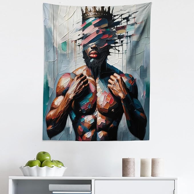 Ambesonne Afro Art Tapestry, Strong Black Man with a Crown Face of Strokes Modern Painting Print, Fabric Wall Hanging Decor for Bedroom Living Room Dorm, 23" X 28", Blue Grey and Chocolate