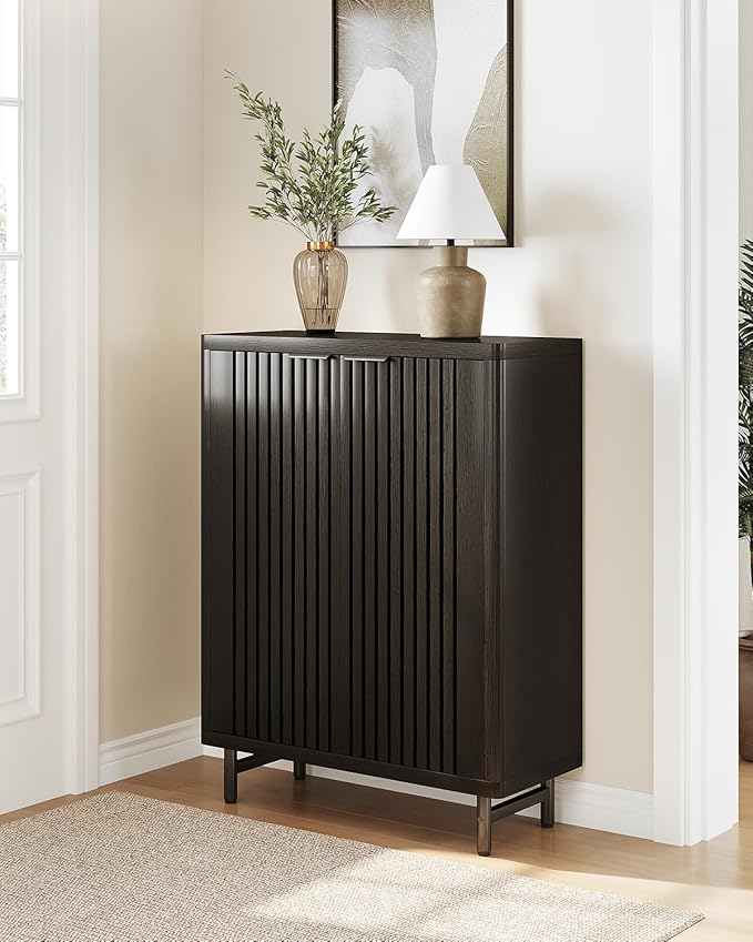 LITTLE TREE 6-Tier Shoe Cabinet with Doors for Up to 24 Pairs, Large Wooden Shoe Storage Cabinet with Adjustable Shelves, Black Freestanding Shoe Organizer Cabinet for Entryway, Hallway