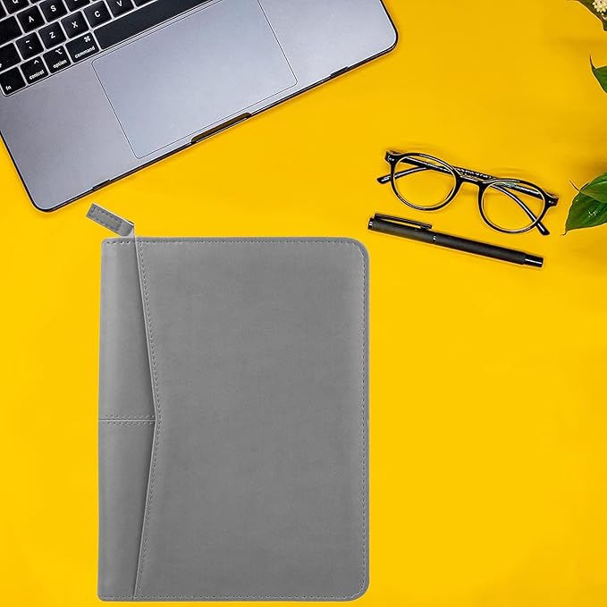 Junior Business Padfolio - A5 PU Leather Portfolio Binder & Zippered Binder Folder with 5 x 8 Writing Pad and Interior Storage Pocket Executive Business Organizer for Men Women,Gray