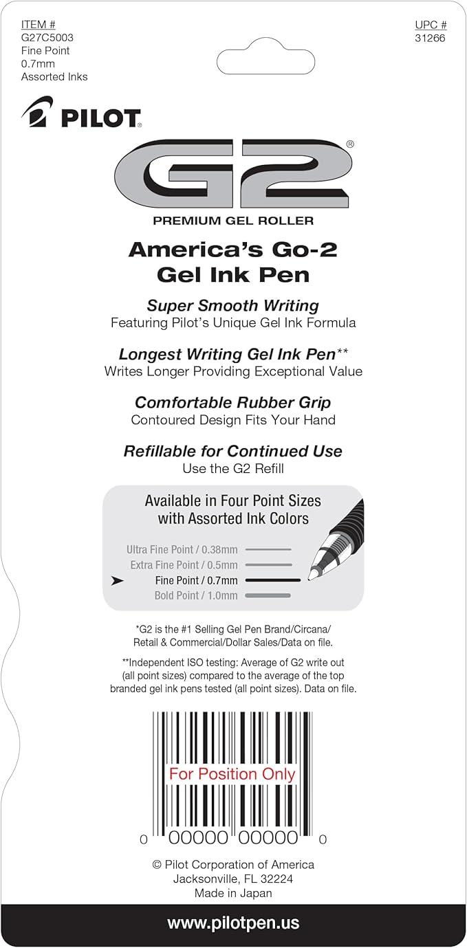Pilot G2 Premium Gel Pens, Gel Roller Pens, Fine Point 0.7 mm Assorted Colors 5