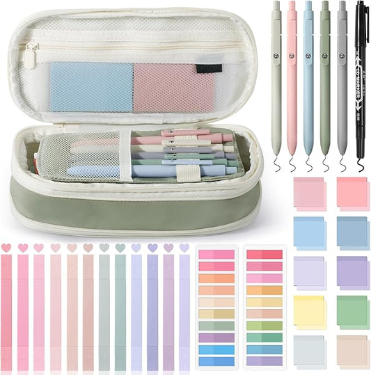 49Pcs Book Annotation Kit - Aesthetic School Supplies with Cute Pen Case Highlighters Gel Pens and Marker, Sheets Transparent Index Tabs Sticky Notes Bible Study Supplies(Green)