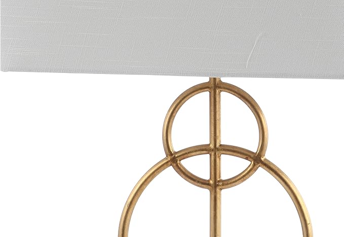 JONATHAN Y 26" Gold Leaf and White Marble Modern Circle LED Table Lamp, Glam Transitional Metal Desk Lamp for Living Room, White Linen Shade, LED Bulb Included JYL1096A