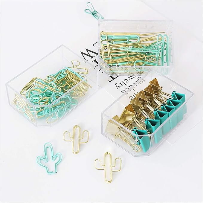 Gold Blue Binder Clips and Paper Clips Set (3-in-1 Boxed), for Office School Supplies Teachers Classroom Daily use