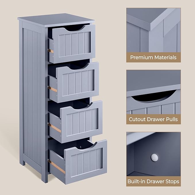 Yaheetech Bathroom Floor Cabinet, Wooden Side Storage Organizer, 4 Drawers Free-Standing Cabinet for Bathroom/Hallway/Living Room, Gray