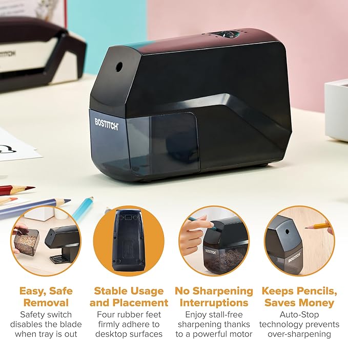 Bostitch Portable Rechargeable Battery Vertical Pencil Sharpener Helical Blade for No.2/Colored Pencils, Black