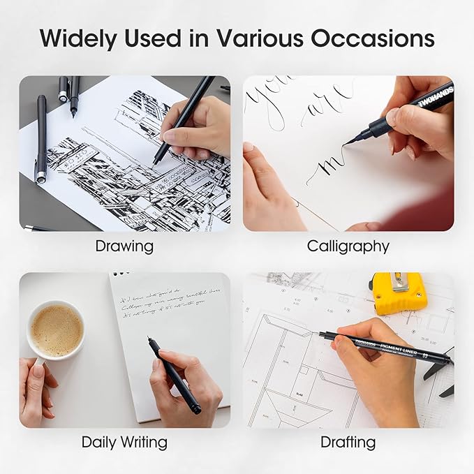 TWOHANDS Art Pens,Fineliner Ink Pens,Set of 12 Technical Drawing pen,Pigment Pen,Fine Point,Black,Waterproof,for Art Watercolor,Sketching,Anime,Manga, 902188