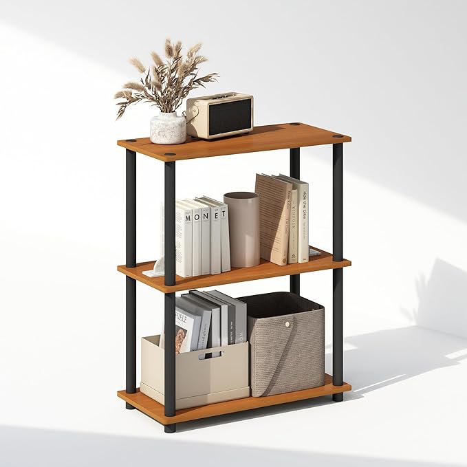 Furinno Turn-N-Tube Book Shelf, 3-Tier Bookshelf, Bookcase with Multipurpose Compact Display Rack, 11.6 x 23.6 x 29.6, for Living Room, Bedroom, Home Office, Light Cherry