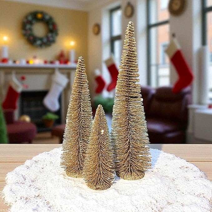 RAZ Imports Set of 3 Bottle Brush Trees – 17”, 14”, 9” Modern Christmas Holiday Winter Décor – Glittery Tabletop Mini Trees for Home Office Shelf Desk Mantel Fireplace Decoration (Gold Glittered)