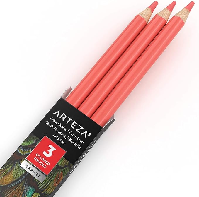 Arteza Colored Pencils, Pack of 3, A204 Salmon Pink, Soft Wax-Based Cores, Ideal for Drawing, Sketching, Shading & Coloring