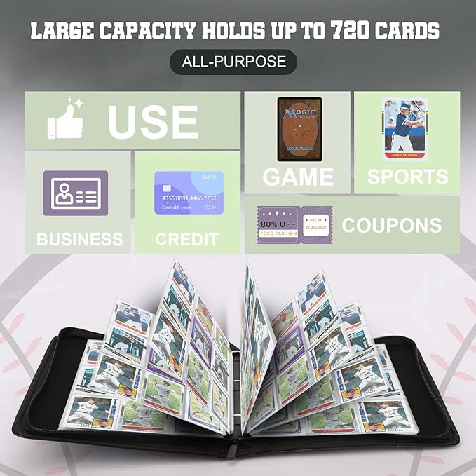Trading Card Binder with Sleeves 9 Pocket Premium 720 Double Sided Pocket PU Card Collection Binder, Collectible Albums Card Folder for MTG, TCG, Sports Cards（9-Black Baseball）