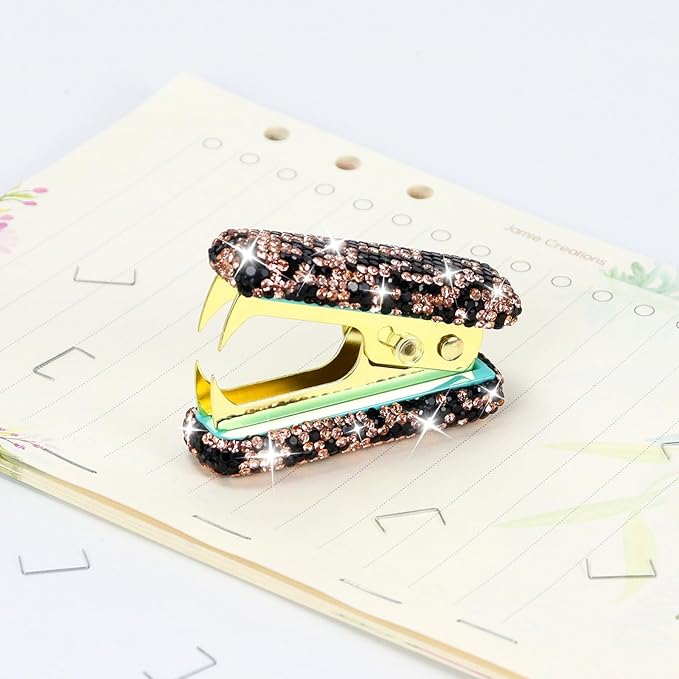 Multibey Rhinestone Staple Remover, Handmade Bling Crystal Gold Cute Staple Remover Tool for Desk, Dazzling Staples Puller Tool Mini Office Supplies & Desk Accessories for Women Office (Black Gold)