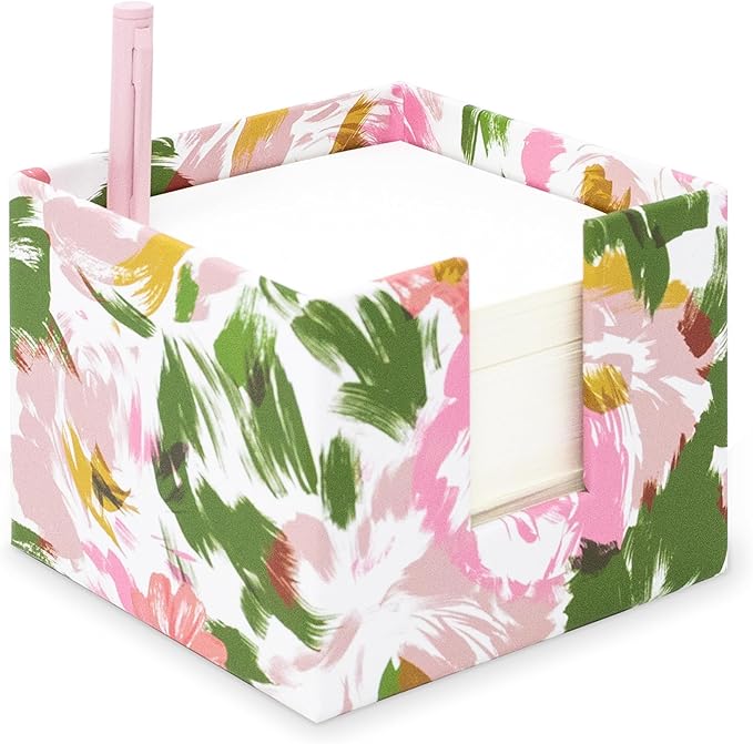 kate spade new york Note Cube with 400 Blank Sheets and Black Ink Pen, Cute Paper Holder for Desk (Hidden Garden)