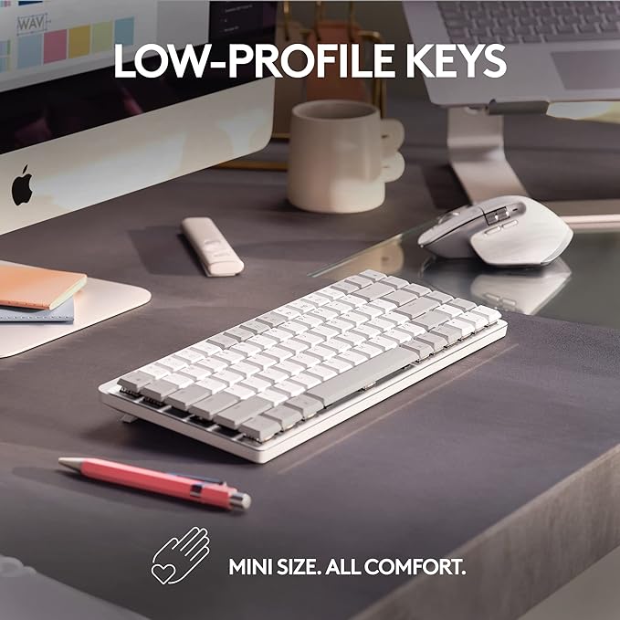 Logitech MX Mechanical Mini for Mac Wireless Illuminated Keyboard, Low-Profile Performance Switches, Tactile Quiet Keys, Backlit, Bluetooth, USB-C, Apple, iPad - Pale Grey