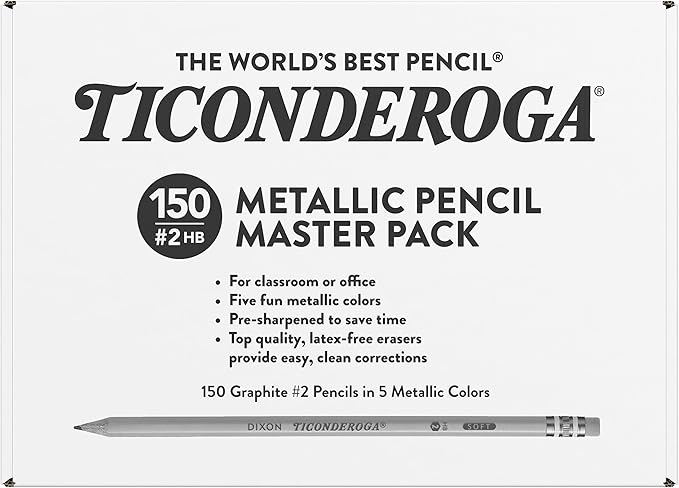 Ticonderoga Wooden Pencils, Pre-Sharpened, #2 HB Soft, Metallic Colors, 150 Count