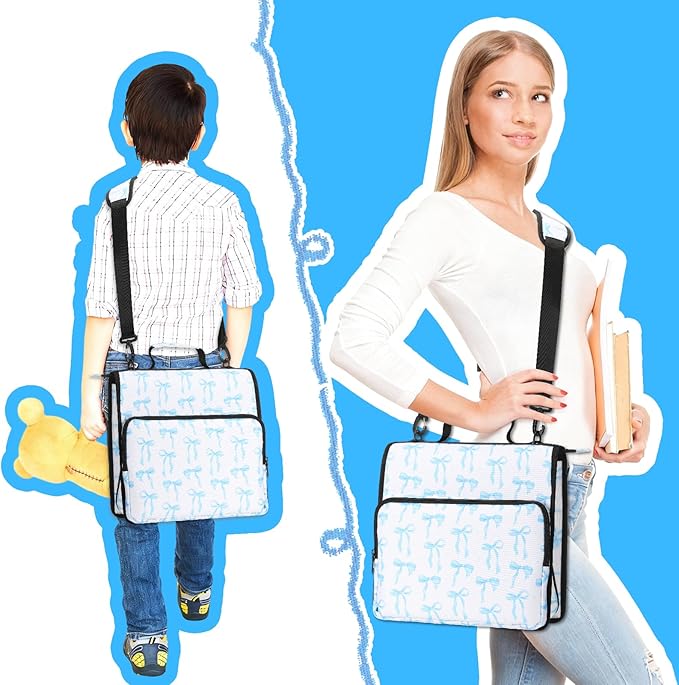 4 Pcs Blue Bow Coquette Zipper Binder with Pouch Bag Set 1.5 Inch 3-Ring Expanding Folders with Shoulder Straps and Handle Bowknot Keeper Watercolor Zipper Case for Office