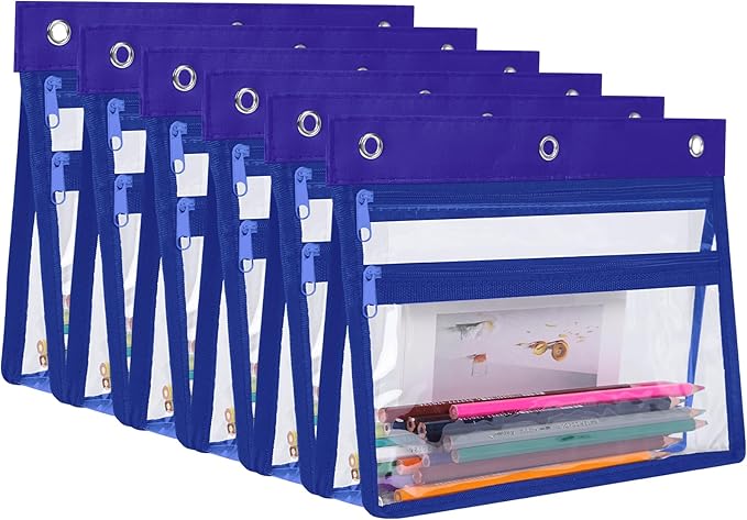 YoeeJob 6 Pack Zipper Pencil Pouches for 3 Ring Binder, 1.5 Inch Expandable with 2 Pockets and Clear Window for School and Office （Blue）