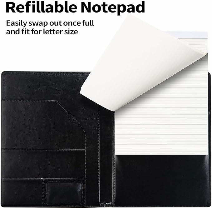 Sooez Premium PU Leather Padfolio Clipboard with Notepad, Letter Size, Black