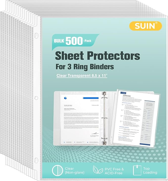 SUIN Sheet Protectors 500 Pack, Clear Plastic Page Protectors 8.5 x 11 Inch, Reinforced 3 Hole Plastic Binder Sleeves, Acid-Free Archival Document Holders for Office & School