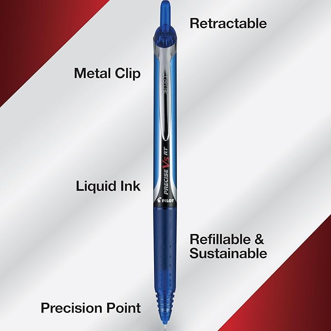 Pilot Precise V5 RT Refillable & Retractable Rolling Ball Pens, Extra Fine Point Pens, 0.5 mm, Black/Blue/Red/Green, Pack of 4 - Ideal for School, Journaling & Office Writing