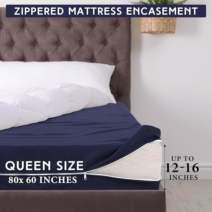Zippered Mattress Fitted Protector Deep Mattress Encasement Soft Zipper Fitted Sheet Microfiber Bed Sheet Cover for Bed (Navy Blue,Queen,12-16in)