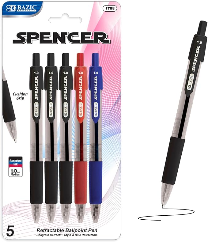 BAZIC PRODUCTS Gel Pens, Spencer Retractable Gel Pen, 1.0 mm Bold Tip for Smooth Writing for Office, School, or Teacher Use, Premium Writing Pens (5/Pack), 24-Pack