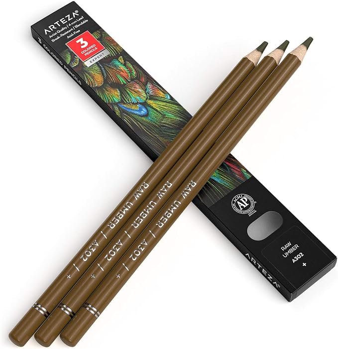 ARTEZA Colored Pencils, Pack of 3, А302 Raw Umber, Soft Wax-Based Cores, Ideal for Drawing, Sketching, Shading & Coloring