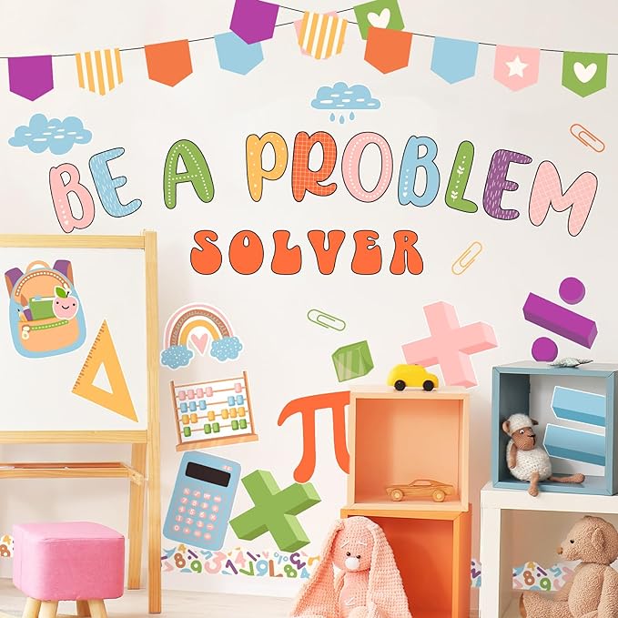 81 Pcs Boho Math Bulletin Board Set Mathematics Symbol Paper Cutouts Be A Problem Solver Bulletin Board Back to School Classroom Decorations for Teacher Educational Elementary Party Wall Decor