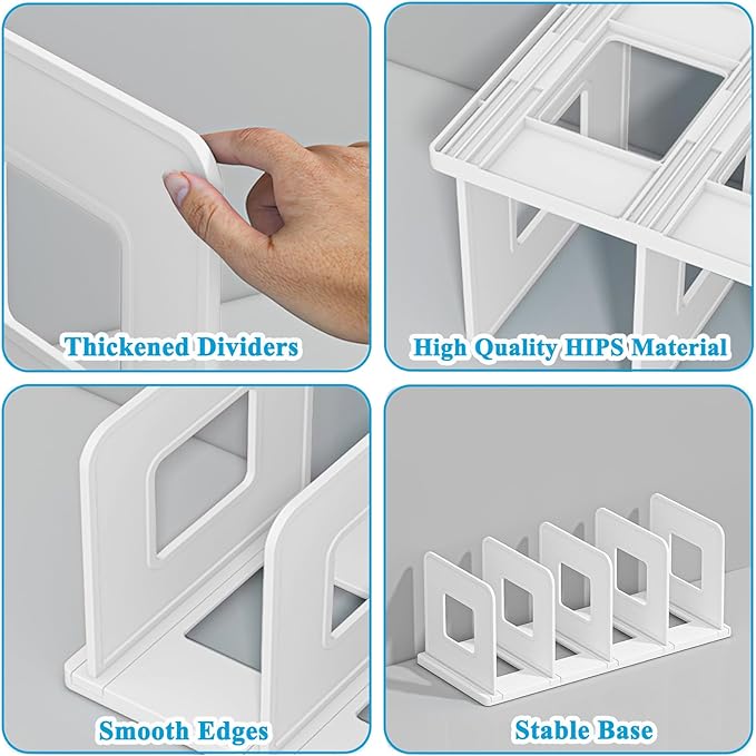 SAYEEC Desk File Sorter Vertical Desktop File Folder Organizer 4 Section Plastic Book Holder Adjustable Shelf Dividers Closet Purse Handbag Mail Binder Organizer Magazine Rack Stand Bookshelf (White)