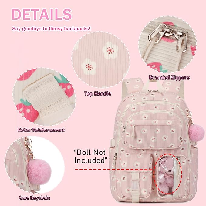 Corduroy Flower Backpack for Girls Teens School Bookbag with Lunch Box Pencil Case Laptop Sleeve Elementary Middle School Bag, Sakura-Pink