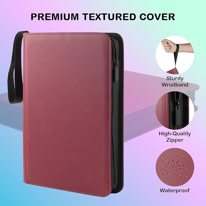 Card Binder 9 Pocket - 432 Cards, Premium Red PU Leather Album, 24 Page Zippered Side-Loading for Baseball, Sports Cards & TCG Collectibles (Vibrant Team Red)