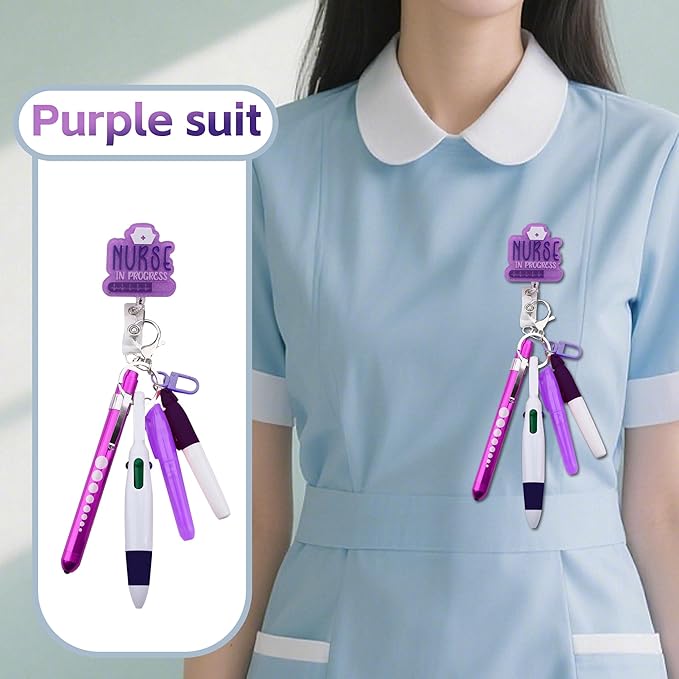 Student Nurse Pen Set Badge Reel Holder Accessories Clip, Retractable Mini Nursing Pen & Light Tool Set， Highlighter pens and Highlighter pens（Purple）
