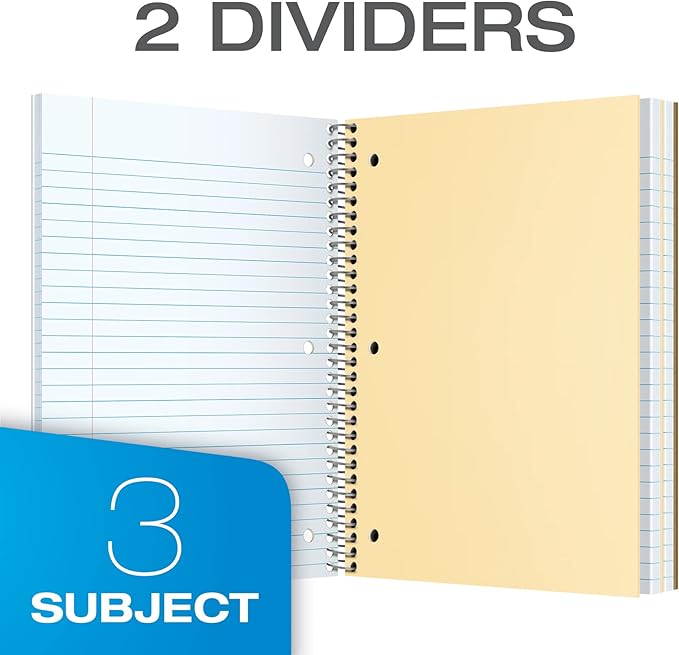 Oxford Spiral Notebooks, 3 Subject, College Ruled Notebooks for School, 8 x 10.5 Inches, 120 Sheets, 2 Dividers, Assorted Colors, Back to School Supplies (65202) (Pack of 12)
