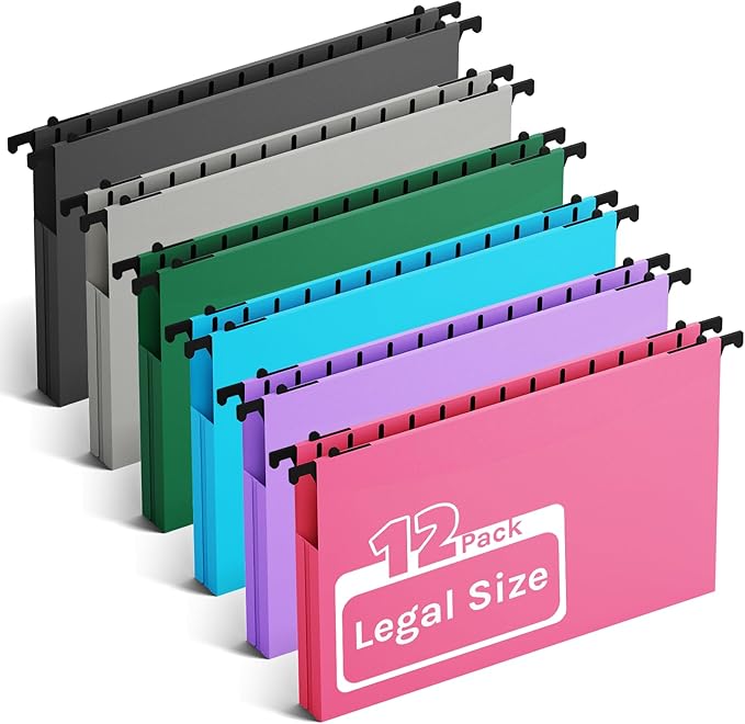 Ansook Plastic Legal Size Hanging File Folders,12 Pack Extra Capacity File Folders Hanging with Tabs,Heavy Duty 1" Expandable Legal Filing Cabinet Folders,File Frame Hanging File Organizer