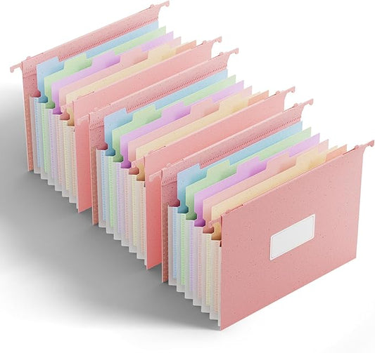 ANSOOK Wheat Straw Expanding Hanging File Folders Letter Size,7 Pockets 1.2" Accordion File Organizer,3 Pack Filing Cabinet Folders,Large Capacity File Folder with Tabs,Pink Hanging File for Frame Box