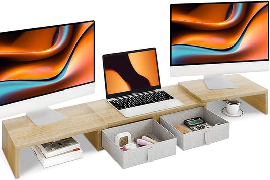 TEAMIX Dual Monitor Stand Riser - Length and Angle Adjustable White Monitor Stand with 2 Drawers to Storage Large Computer Riser for 2 Monitors/Laptop/PC, Wood Screen/TV Stand Desk Organizer (Maple)