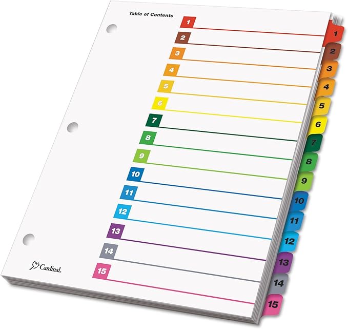Cardinal 61518 Traditional OneStep Index System, 15-Tab, 1-15, Letter, Multicolor, 15/Set