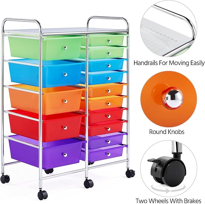 Yaheetech 15 Drawers Rolling Storage Cart Multipurpose Mobile Rolling Utility Storage Organizer Cart Tools Scrapbook Paper Organizer on Wheels, Multicolor