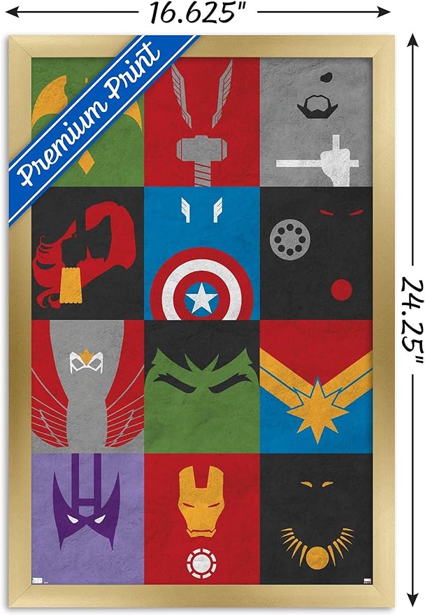 Trends International Marvel Comics - Avengers - Minimalist Grid Wall Poster, 14.725" x 22.375", Gold Framed Version