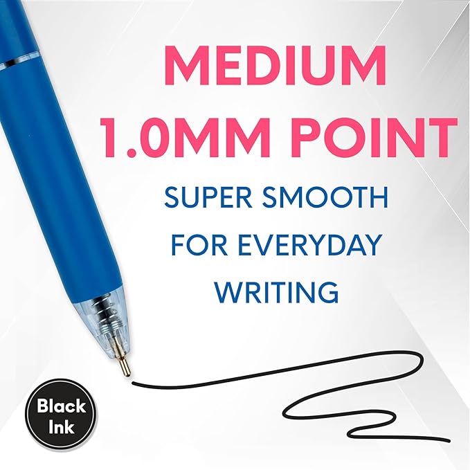 10-Count Retractable Ballpoint Pens, Black Ink, Medium Point 1.0mm, Pastel Color Barrels with Soft Contoured Grip|Christmas Gifts for Coworkers, Teachers, Friends