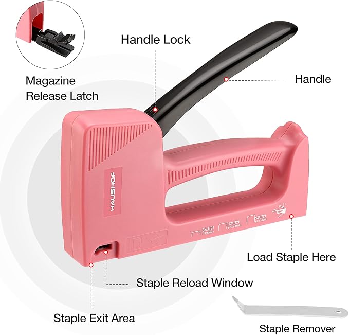 HAUSHOF Light Duty Staple Gun, Upholstery Staple Gun with 800PCS JT21 Staples and Stapler Remover, Fits JT21 Staple of 1/4'', 5/16'' & 3/8'', Used for Wood, Classroom, Crafts, DIY, Decoration (Pink)